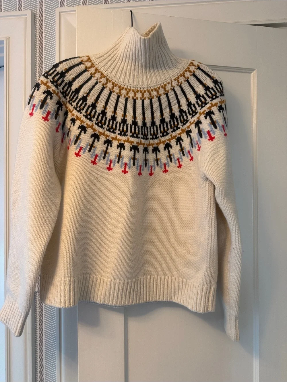 Tory Burch Cream Turtleneck Fair Isle Sweater with Black & Gold Accents